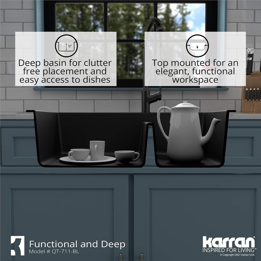 Karran QT-711 Drop-In Quartz Composite 33 in. 1-Hole 60/40 Double Bowl Kitchen Sink in Black