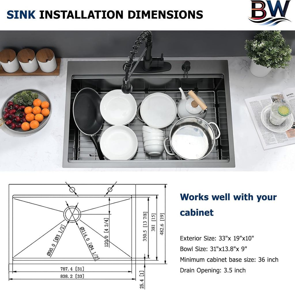 33x19 Drop In Kitchen Sink Black - 16 Gauge Stainless Steel Workstation Sinks Ledge Handmade 10 Inch Deep Single Bowl Kitchen Sink Top Mount Easy to Clean