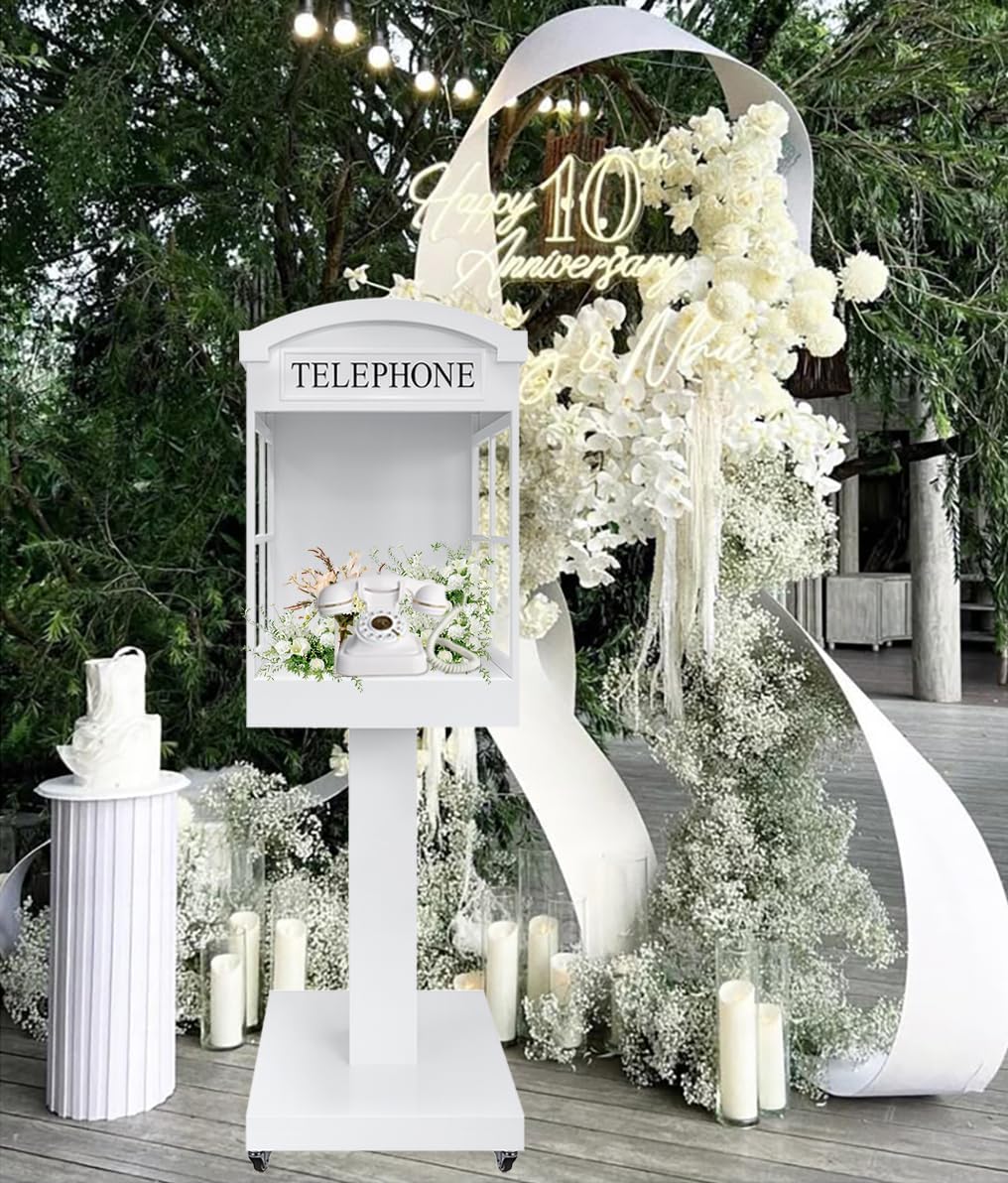 Audio Guest Book Phone Booth Stand with Wheels, Romantic Metal Audio Guestbook Telephone Booth for Wedding Birthdays Party Graduation Baby Shower Retirement Special Occasions Decoration