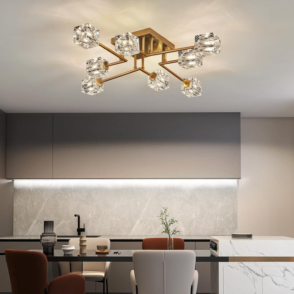Vintage Gold Semi Flush Mount Ceiling Light 8-Light Glass Sputnik Chandeliers Mid Century Modern Crystal Ceiling Light Fixture for Living Room Dining Room Bedroom Kitchen Foyer