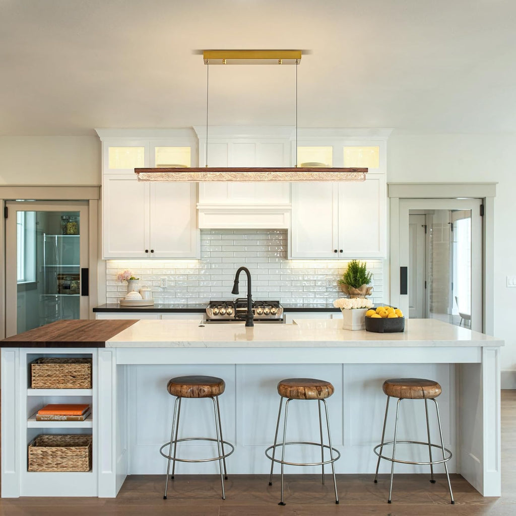 Wood Linear Chandelier,Dimmable Kitchen Island Lighting with Remote,Modern LED Pendant Light Fixture for Dining Room Over Table,Walnut Linear Chandeliers for bar,Living Room,Pool Table, 3000K-6000K.