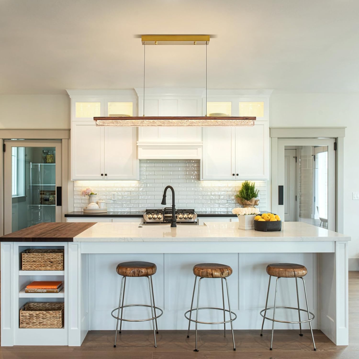 Wood Linear Chandelier,Dimmable Kitchen Island Lighting with Remote,Modern LED Pendant Light Fixture for Dining Room Over Table,Walnut Linear Chandeliers for bar,Living Room,Pool Table, 3000K-6000K.