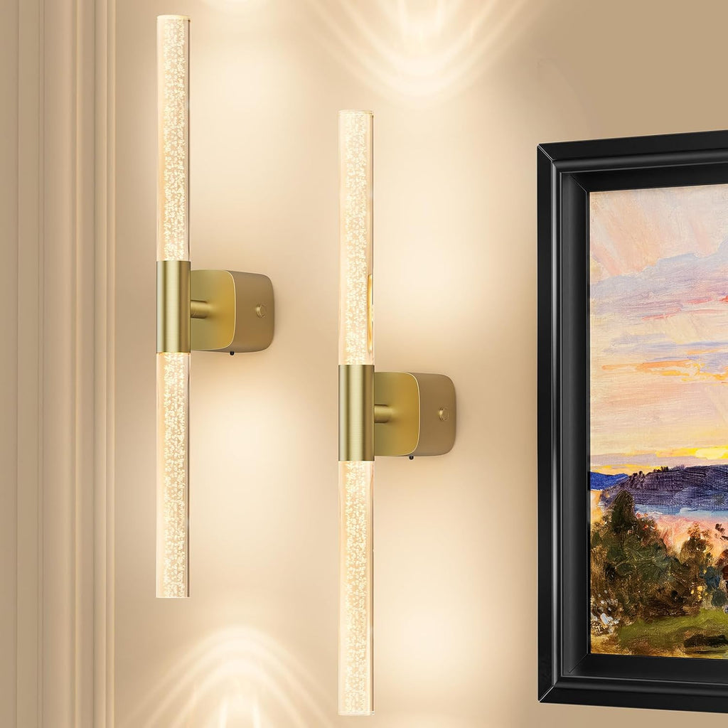 Battery Operated Wall Sconce Set of 2 Brushed Gold 12000mAh Rechargeable Wall Light with Crystal Acrylic 24' Wireless CCT Dimmable 350°Rotate Remote Wall Lamp for Bedroom Living Room
