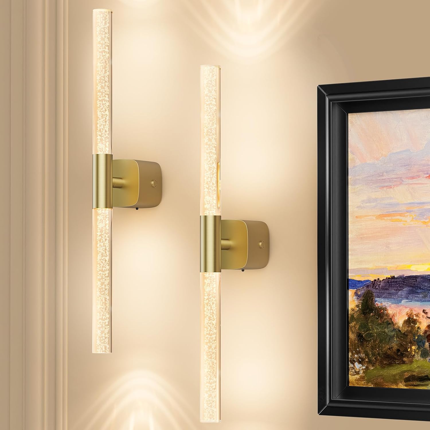 Battery Operated Wall Sconce Set of 2 Brushed Gold 12000mAh Rechargeable Wall Light with Crystal Acrylic 24' Wireless CCT Dimmable 350°Rotate Remote Wall Lamp for Bedroom Living Room
