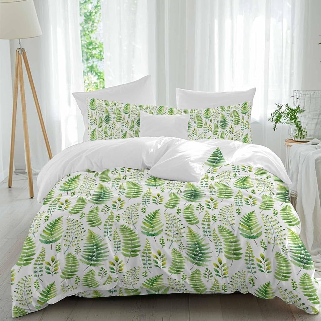 Prime Leader Spring Ferns Leaves Duvet Cover Set Queen Size 4 Pieces Watercolor Green Plant Fields Bedding Set with Zipper Closure, 1 Comforter Cover 92x106 Inches 1 Flat Sheet & 2 Pillow Cases