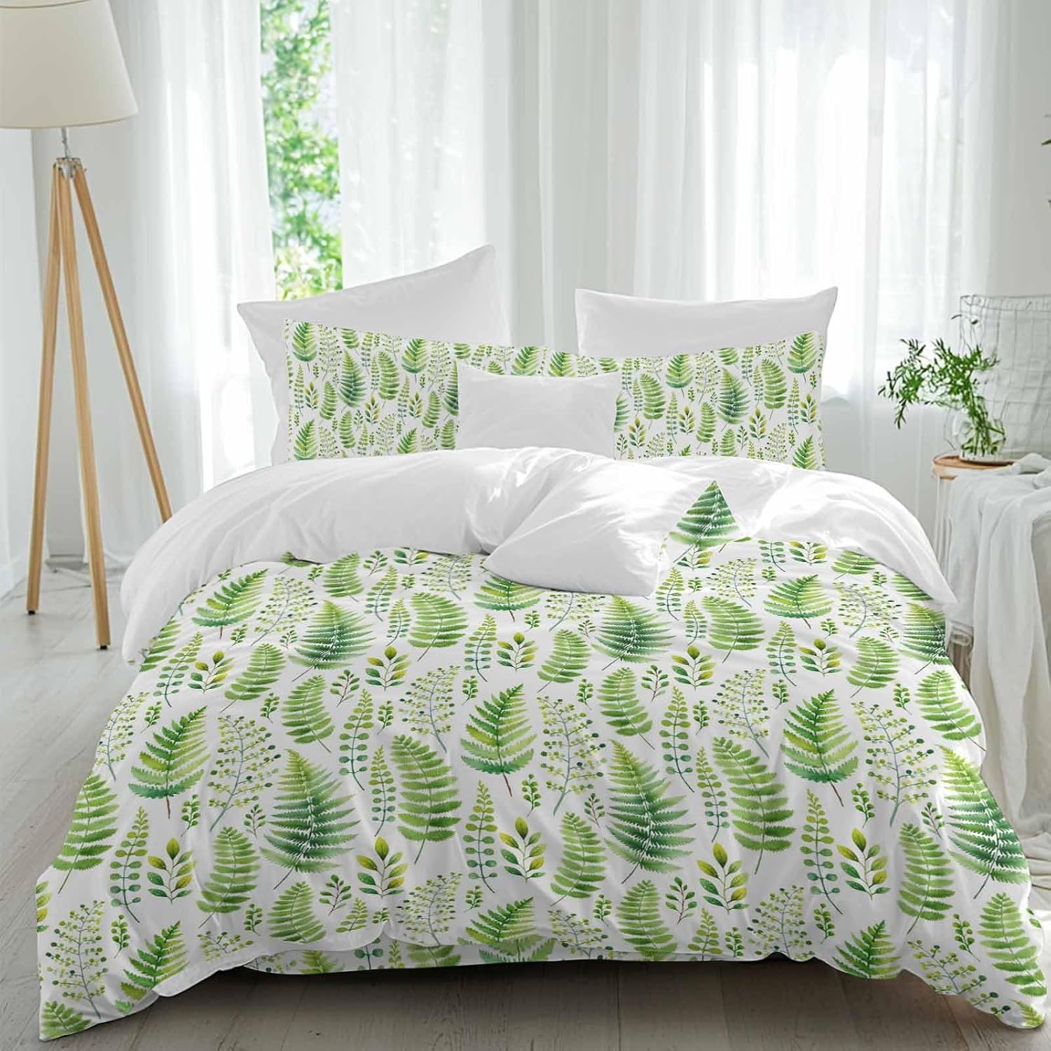 Prime Leader Spring Ferns Leaves Duvet Cover Set Queen Size 4 Pieces Watercolor Green Plant Fields Bedding Set with Zipper Closure, 1 Comforter Cover 92x106 Inches 1 Flat Sheet & 2 Pillow Cases