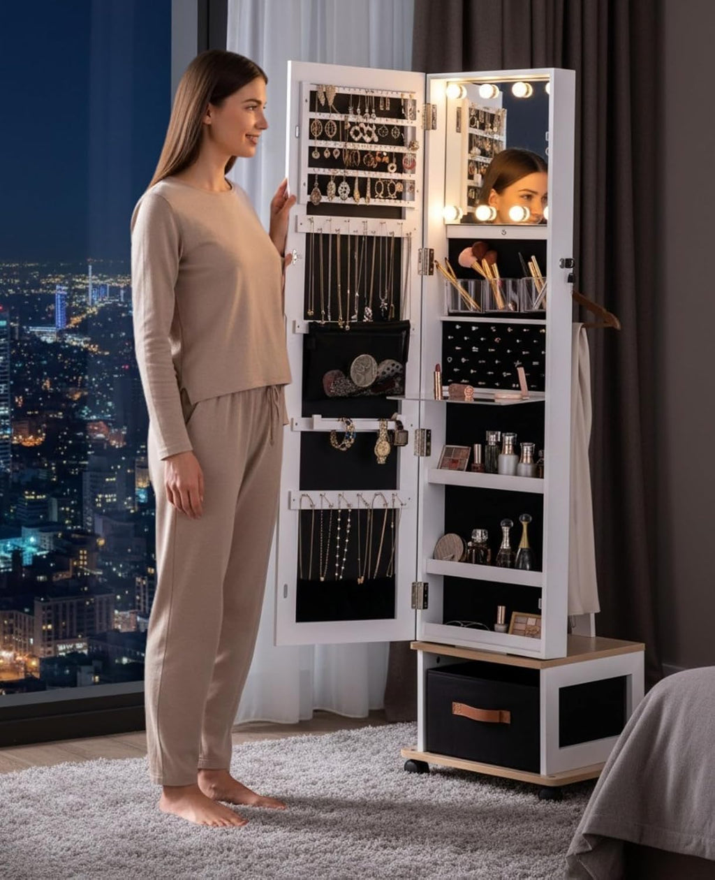 BTEXPERT 360 Swivel Jewelry Cabinet Armoire, Standing with Lights, Lockable Jewelry Organizer, 63' Rotating Full Length Frameless Mirror with Storage, 4 Wheels, White Lock Key