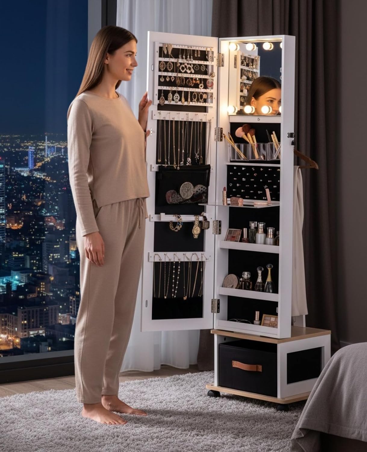 BTEXPERT 360 Swivel Jewelry Cabinet Armoire, Standing with Lights, Lockable Jewelry Organizer, 63' Rotating Full Length Frameless Mirror with Storage, 4 Wheels, White Lock Key