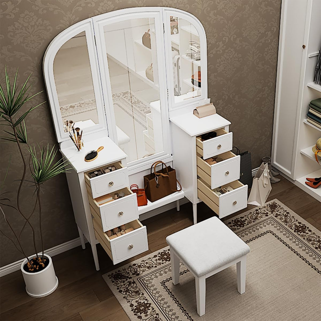JIJIWANG 68.75H Antique Makeup Vanity Desk with Triple Mirror,6-Drawer Dressing Table Set Including Stool,Full Length Mirror for Bedroom Dressing Room,White