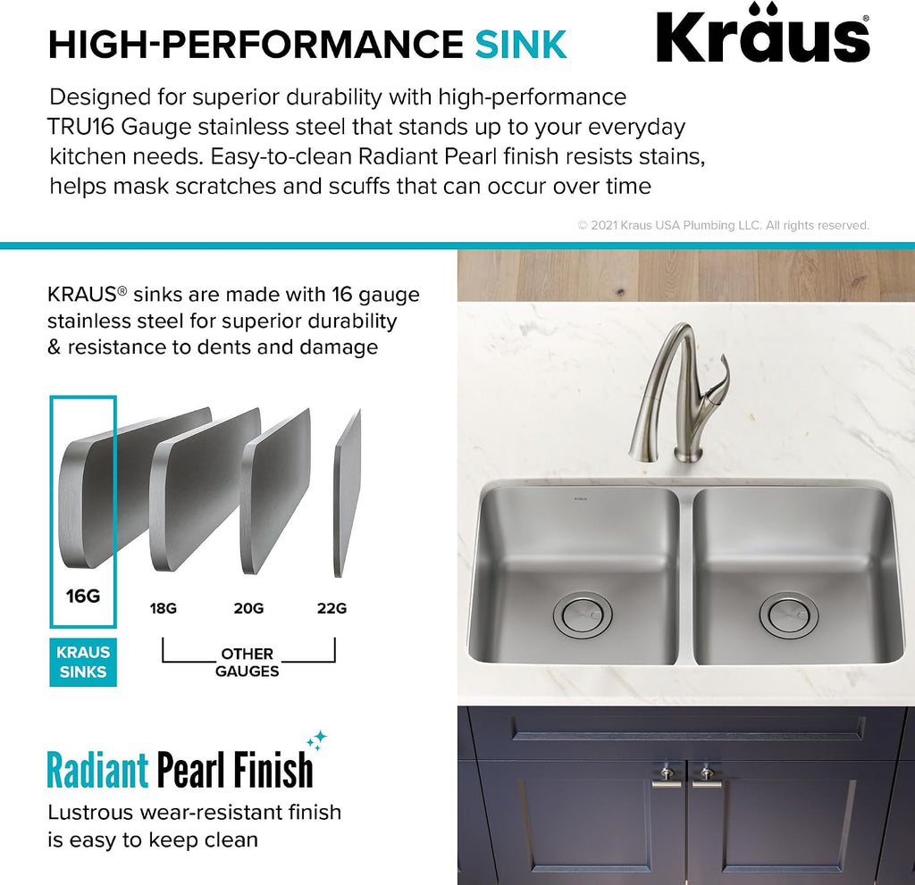 KRAUS Dex 33-inch Undermount 16 Gauge Stainless Steel Double Bowl Kitchen Sink, KA1UD33B