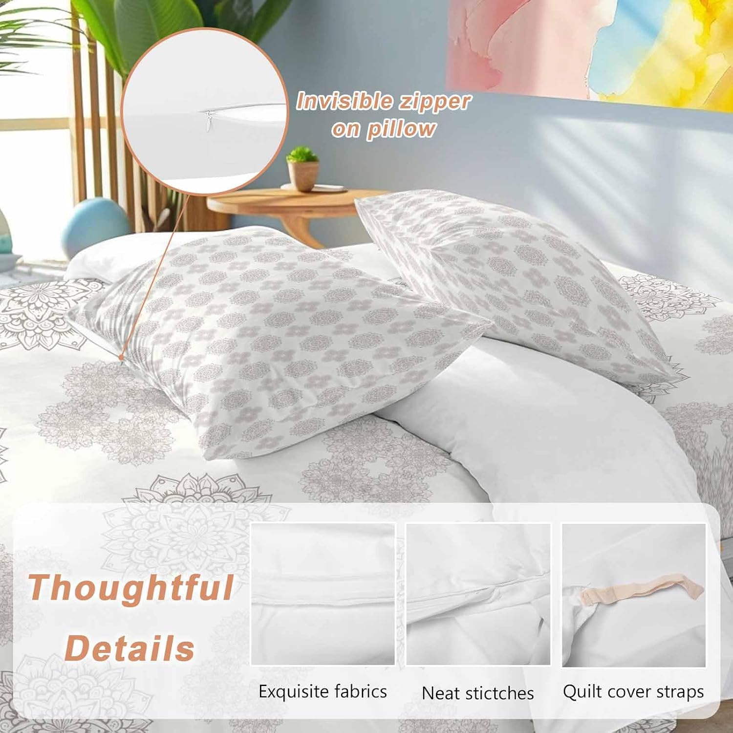 Grey Boho Flower Duvet Cover Set Queen Size 4 Pieces Abstract Bosemia Geometric Graphic Rustic Country Bedding Set with Zipper Closure, 1 Comforter Cover 92x106 Inches 1 Flat Sheet & 2 Pillow Cases