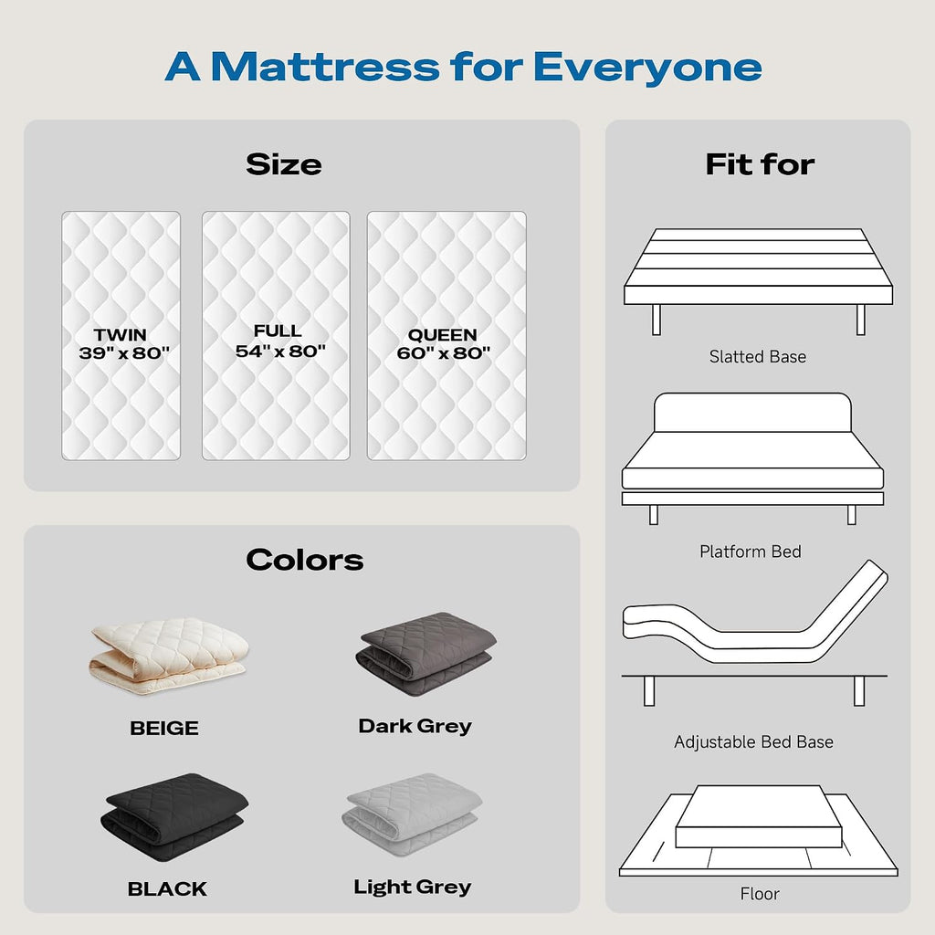 Aircliff Japanese Floor Futon Mattress Queen Size, Roll Up Tatami Mat, Sleeping Pad, Shikibuton, CertiPUR-US Certified Foam Floor Bed Mattress for Sleeping, Dormitory, Guest Bed, Designed in Japan