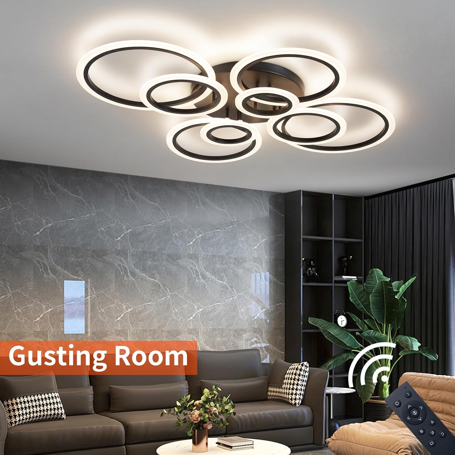 Shine LUEST Modern Ceiling Light, 41.3'' Dimmable LED Black Flush Mount Ceiling Lights with Remote Acrylic Round Ceiling Lamp Fixture for Low Ceiling Bedroom Living Room Dining Room, 108W