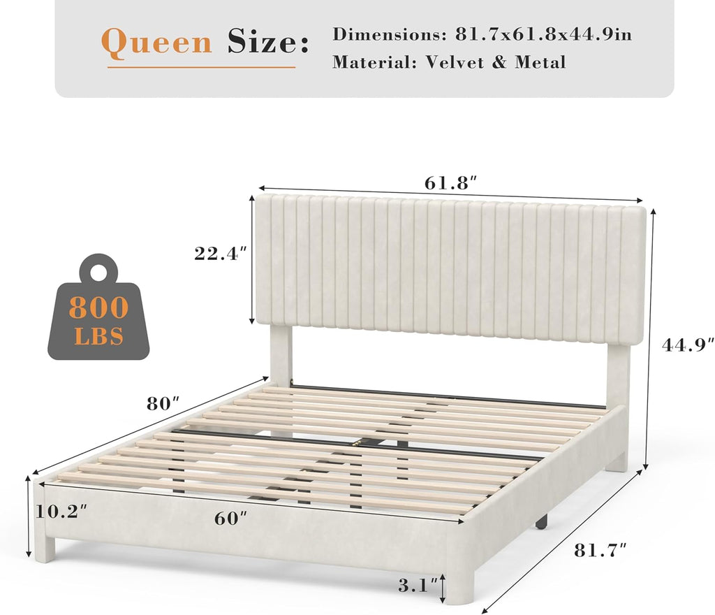 Vipbear Queen Upholstered Platform Bed Frame, Luxury Velvet Fabric with Headboard, Quiet & Sturdy Slat Support, Under-Bed Storage Space, Easy Setup, White