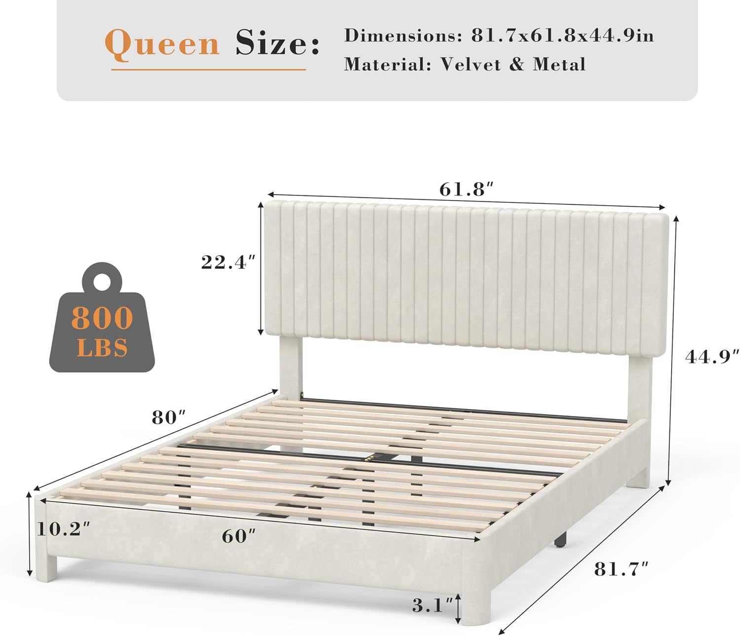 Vipbear Queen Upholstered Platform Bed Frame, Luxury Velvet Fabric with Headboard, Quiet & Sturdy Slat Support, Under-Bed Storage Space, Easy Setup, White