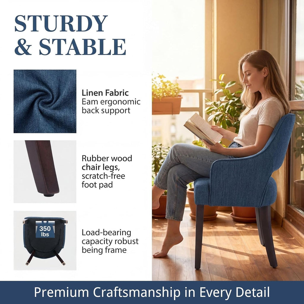 Farmhouse Upholstered Dining Chairs Set of 2, Linen Fabric Dining Room Chairs with Arms, Solid Wood Kitchen Side Chairs for Dining Living Room Bedroom, Upgraded Size, Blue