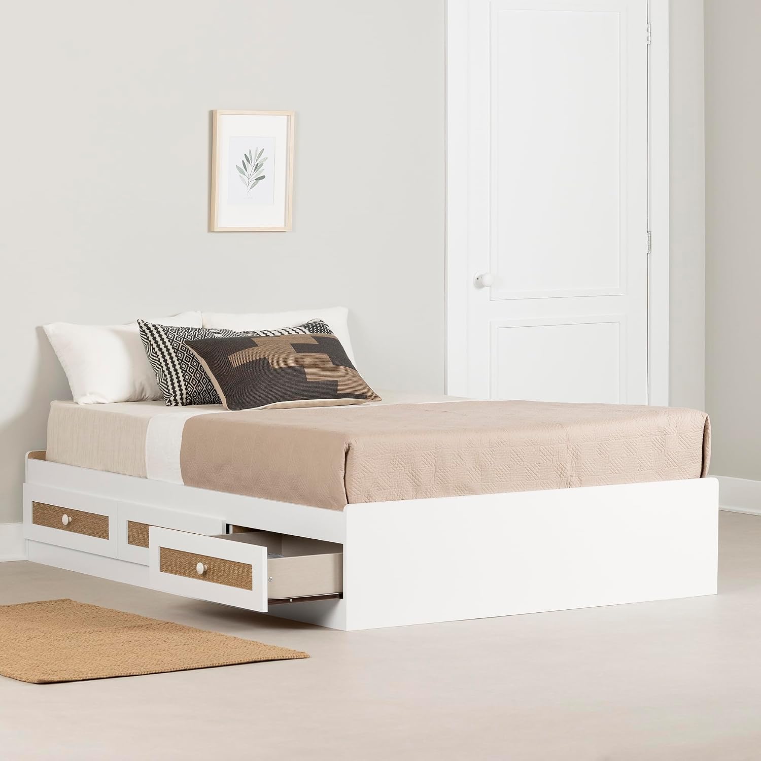 South Shore Bloom Mates Bed with 3 Drawers, Full, White and Faux Printed Rattan