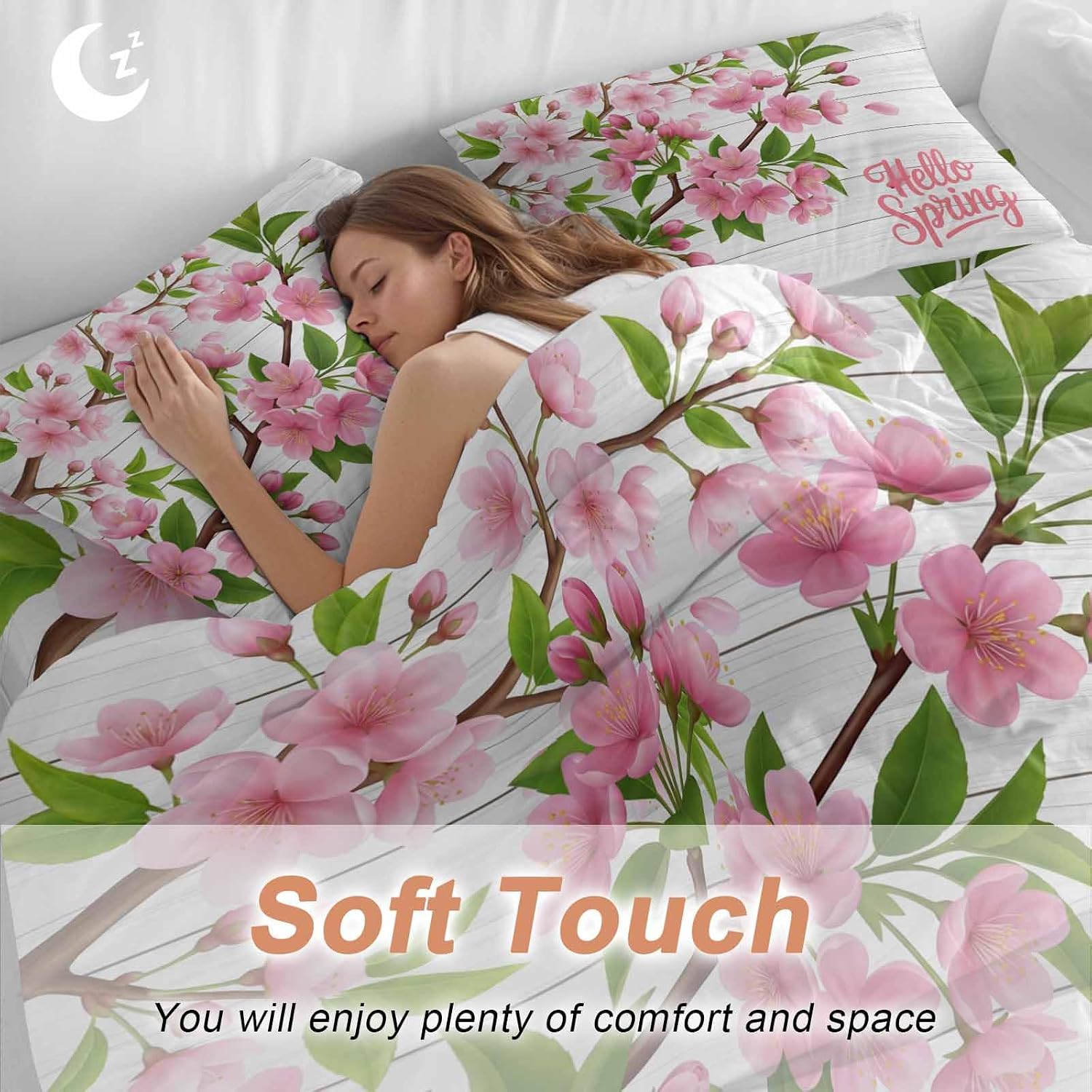Hello Spring Floral Duvet Cover Set Queen Size 4 Pieces Watercolor Flower Green Leaves Wood Grain Bedding Set with Zipper Closure, 1 Comforter Cover 86x86 Inches 1 Flat Sheet & 2 Pillow Cases