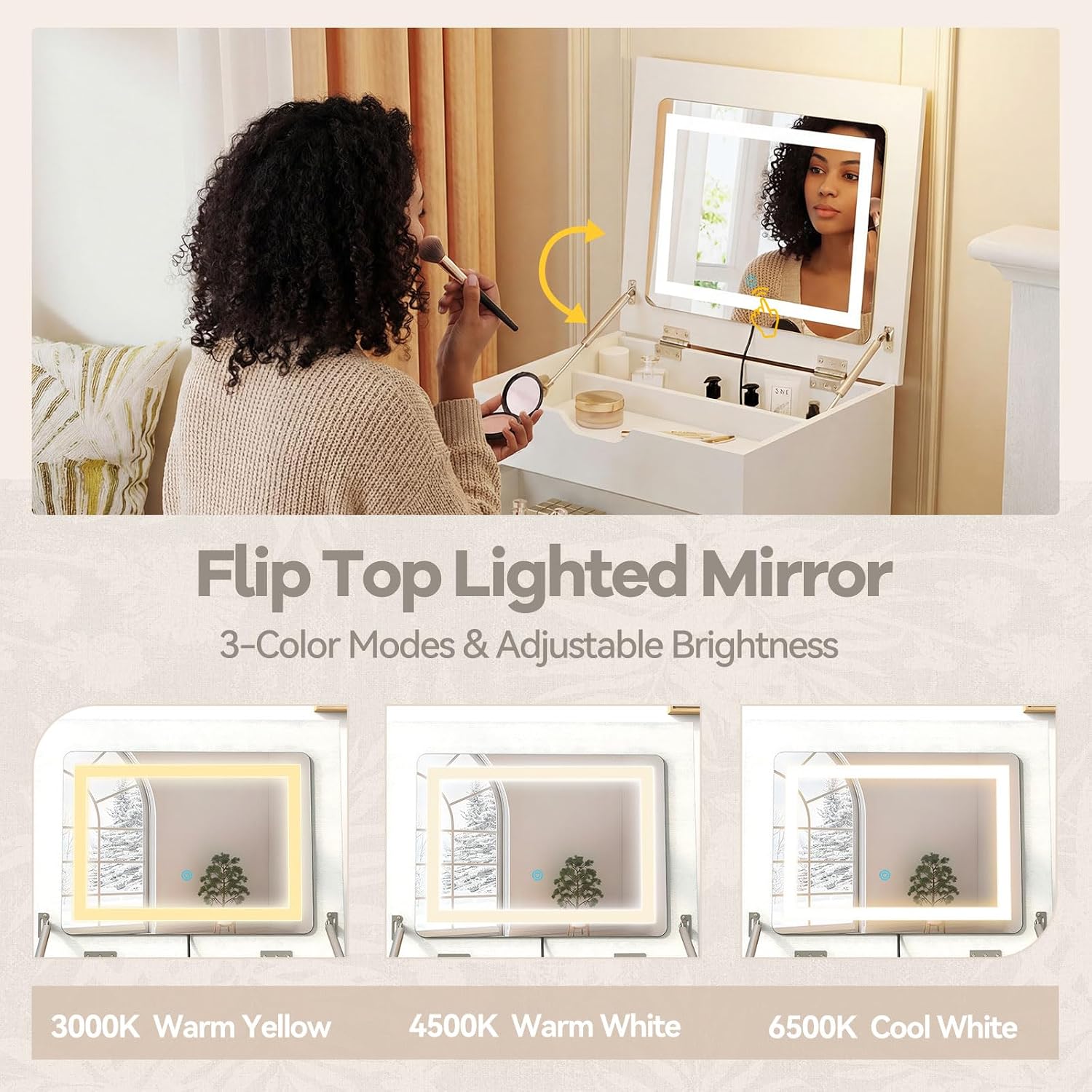 CHARMAID 3-in-1 Vanity Desk with Flip-Top LED Mirror, Rolling Stool with Hidden Storage & Drawer, 20 inch Compact Modern Makeup Vanity Table for Bedroom & Apartment, White
