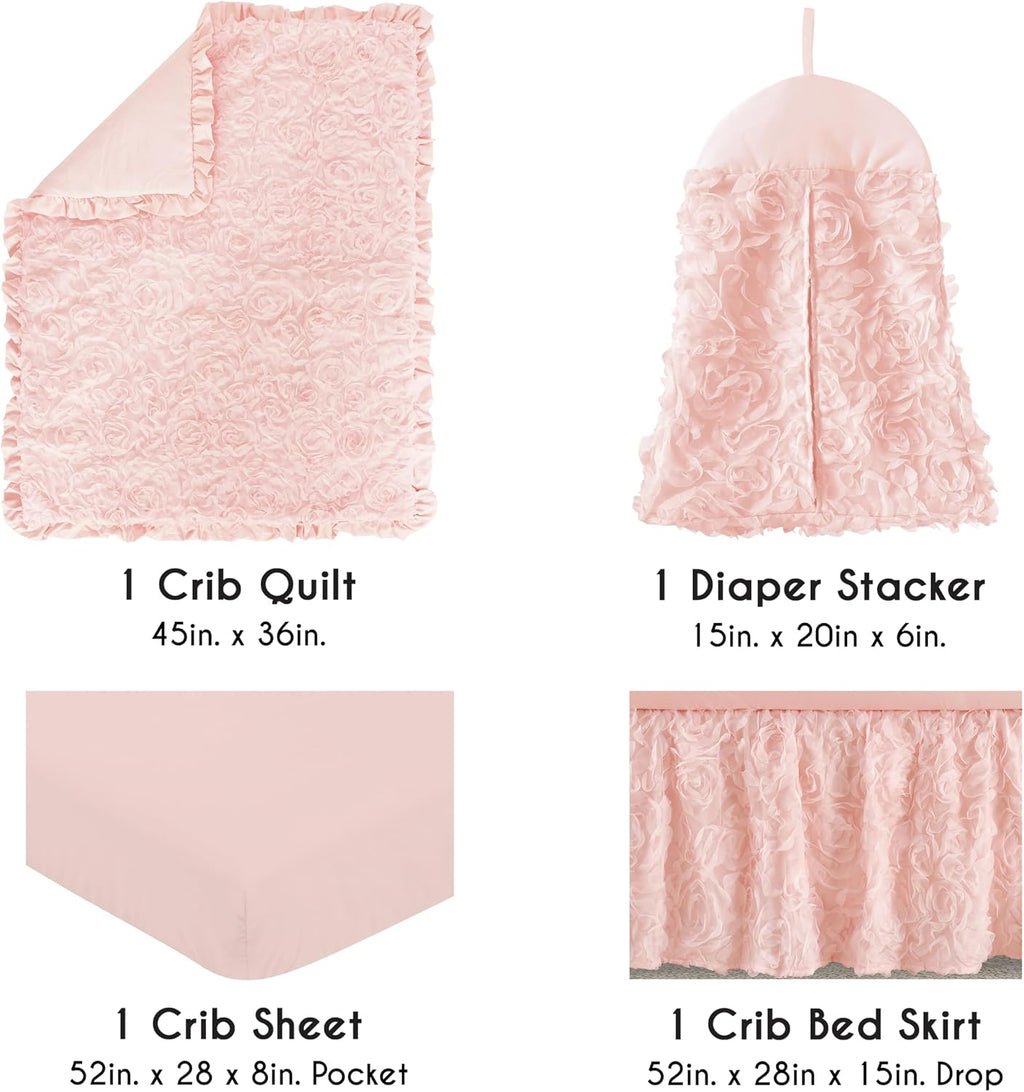 Sweet Jojo Designs 4-Piece Baby Crib Bedding Set (Blush Pink Floral Rose) for Girls, Infants/Nursery incl. Blanket, Fitted Sheet, Skirt, Diaper Stacker (Elegant, Princess, Luxury, Glam, Ruffle Roses)