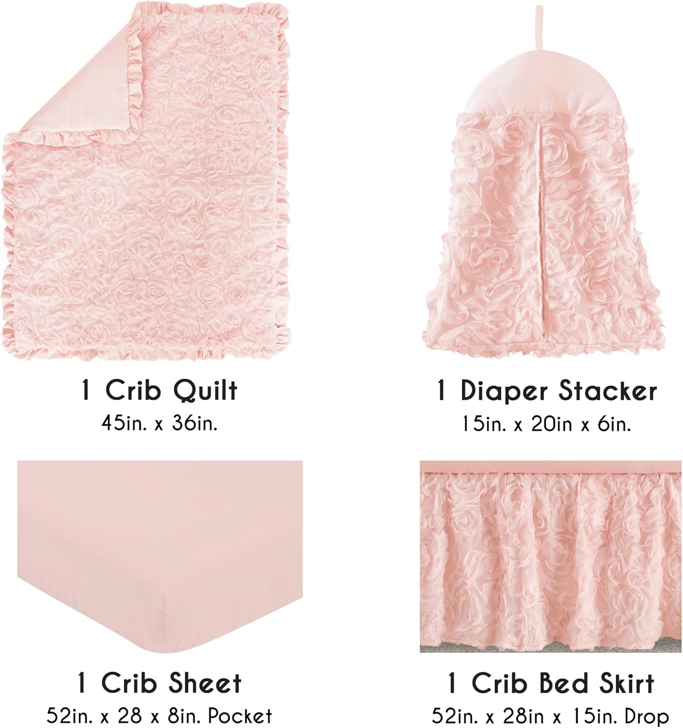 Sweet Jojo Designs 4-Piece Baby Crib Bedding Set (Blush Pink Floral Rose) for Girls, Infants/Nursery incl. Blanket, Fitted Sheet, Skirt, Diaper Stacker (Elegant, Princess, Luxury, Glam, Ruffle Roses)