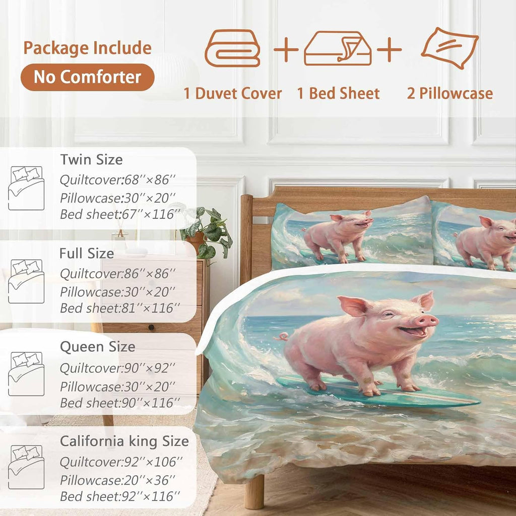 Summer Ocean Duvet Cover Set Queen Size 4 Pieces Watercolor Funny Pig Teal Surfboard Coastal Wave Bedding Set with Zipper Closure, 1 Comforter Cover 92x106 Inches 1 Flat Sheet & 2 Pillow Cases