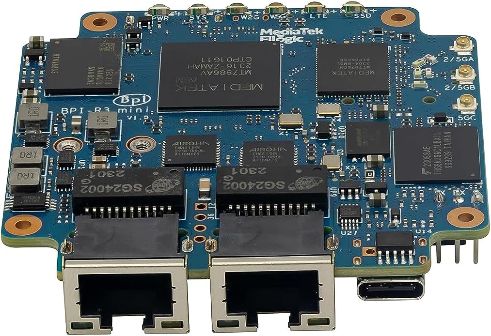 Banana Pi BPI-R3 Mini Wi-Fi 6 Open Source OpenWRT Router Board, Wireless Dual-Band Mini WiFi Router, MediaTek MT7986 (Filogic 830) CPU, Support 5X GbE and 2X 2.5GbE SFP for NAS Smart Home Gateway