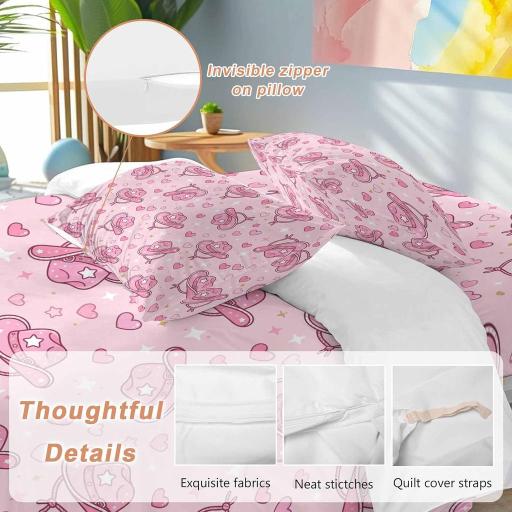 Pink Heart Cowboy Hat Duvet Cover Set Queen Size 4 Pieces Modern Minimalist Sparkling Love Star Bedding Set with Zipper Closure, 1 Comforter Cover 86x86 Inches 1 Flat Sheet & 2 Pillow Cases