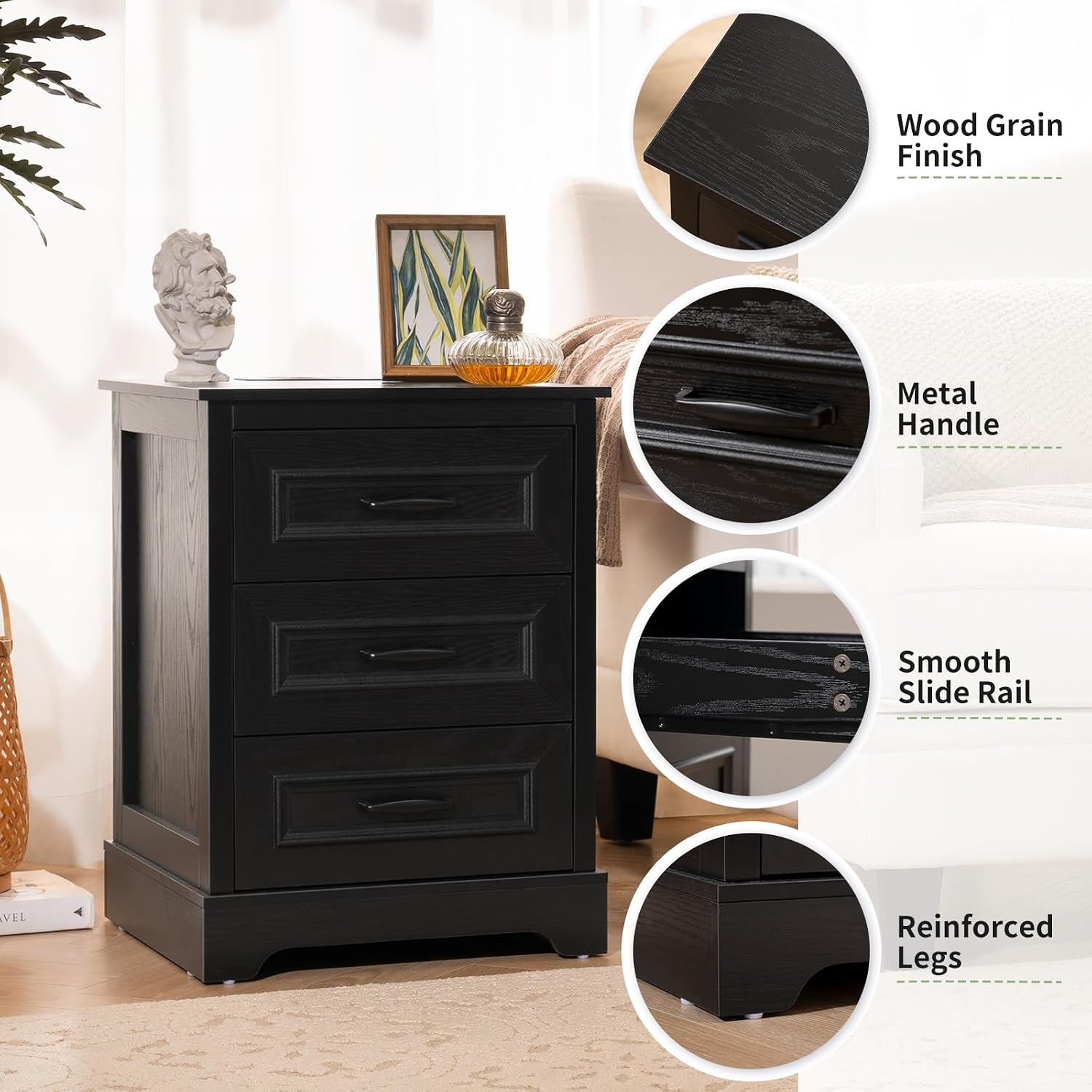 Farmhouse Nightstand with Charging Station- Wood Night Stand Set 2, 3 Drawer Nightstands Set of 2, Bedside Table with Storage, Rustic Night Stands for Bedroom, Closet, 18' Wide, 24' Tall