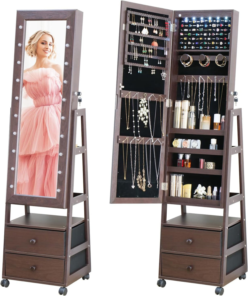 Jewelry Armoire Cabinet Organizer Standing with 20 LED Lights Lockable Full Length Mirror with Storage Shelves and 2 Drawers (Brown) Adjustable Tilt Angles Gift for Her