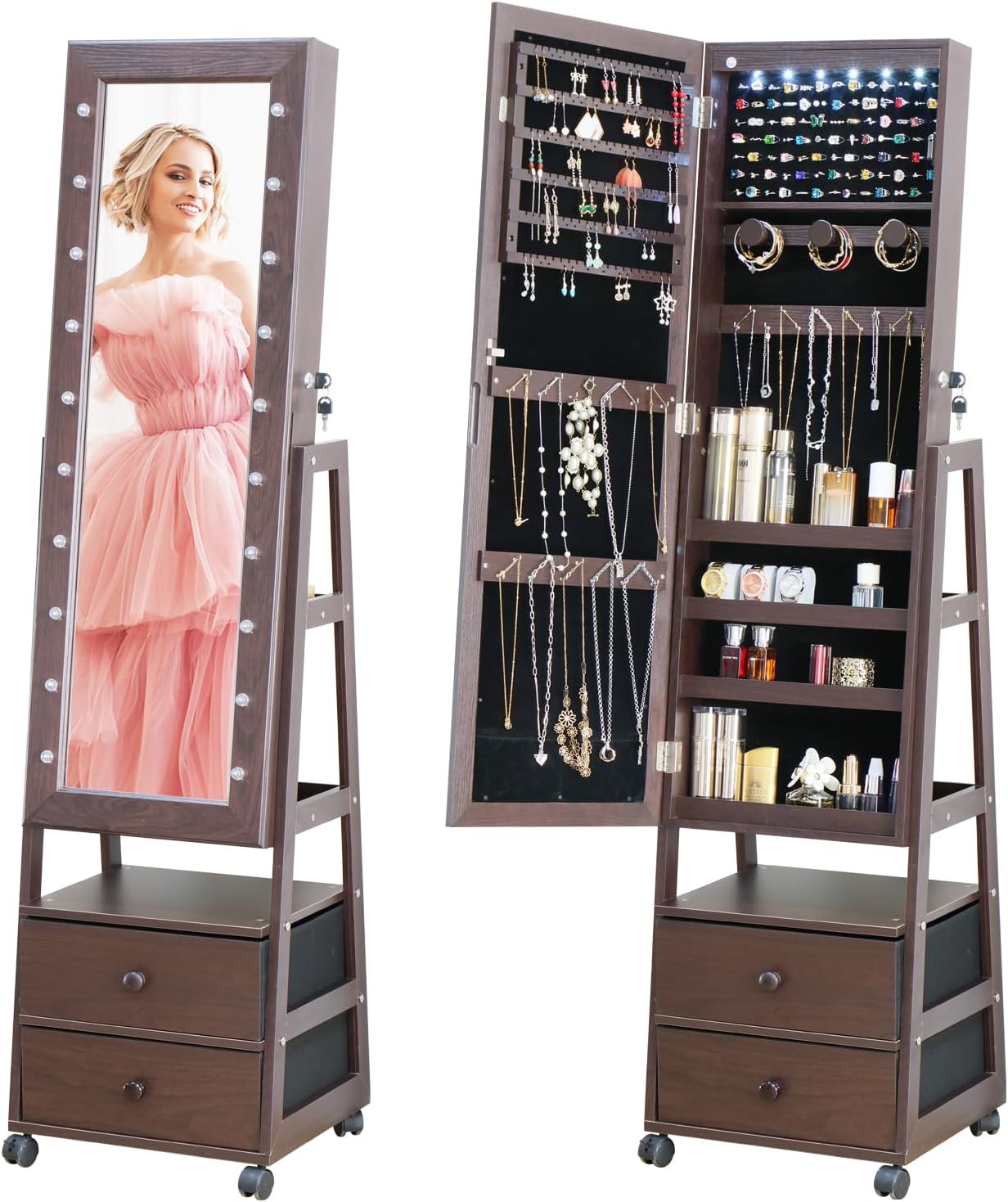 Jewelry Armoire Cabinet Organizer Standing with 20 LED Lights Lockable Full Length Mirror with Storage Shelves and 2 Drawers (Brown) Adjustable Tilt Angles Gift for Her