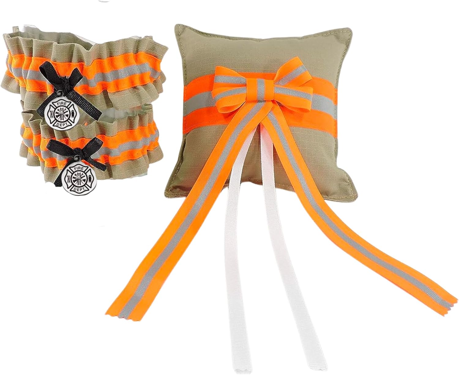 Firefighter Wedding Set, Two Garters, Guestbook, Ring Bearer Pillow, Tan Bunker Gear Look