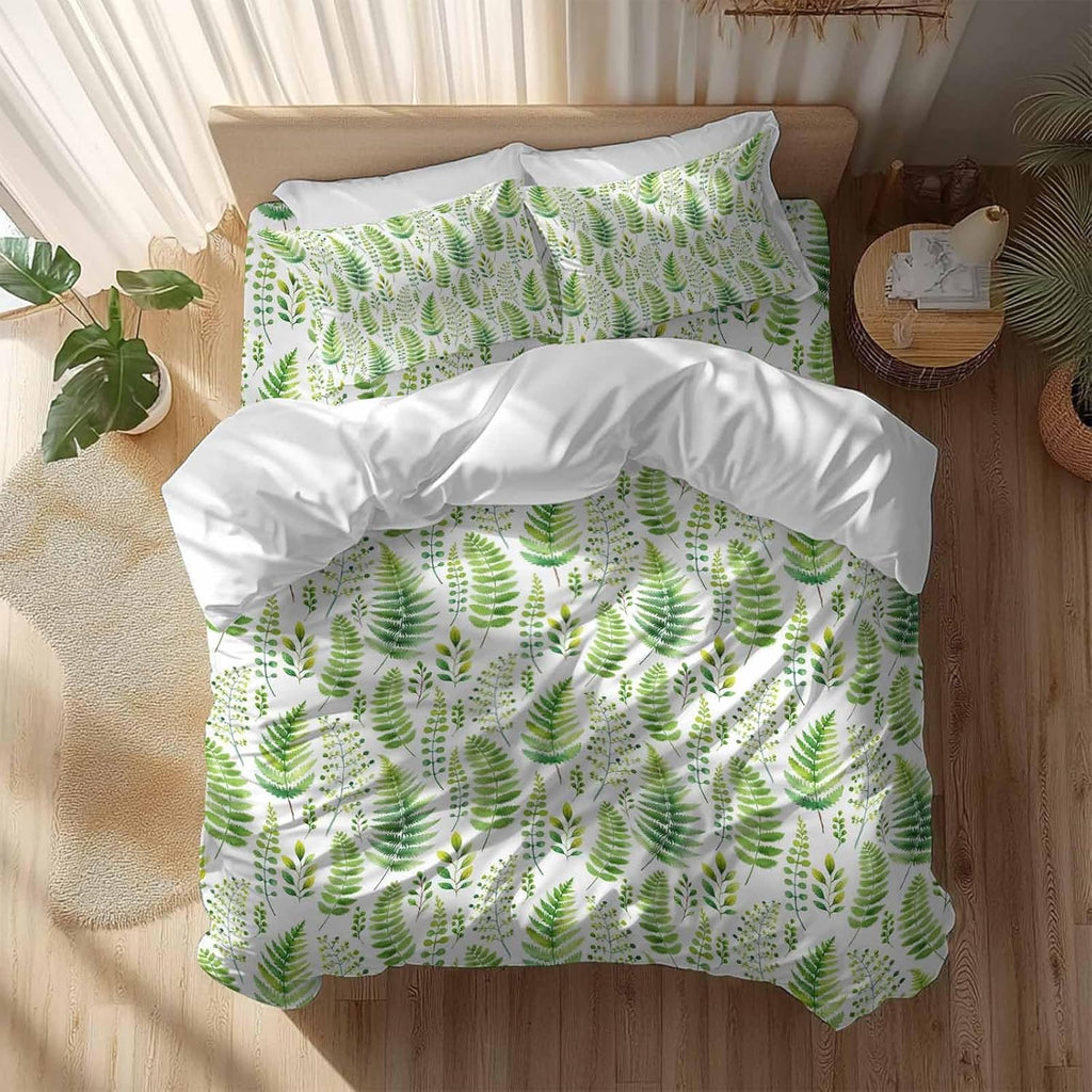 Prime Leader Spring Ferns Leaves Duvet Cover Set Queen Size 4 Pieces Watercolor Green Plant Fields Bedding Set with Zipper Closure, 1 Comforter Cover 92x106 Inches 1 Flat Sheet & 2 Pillow Cases