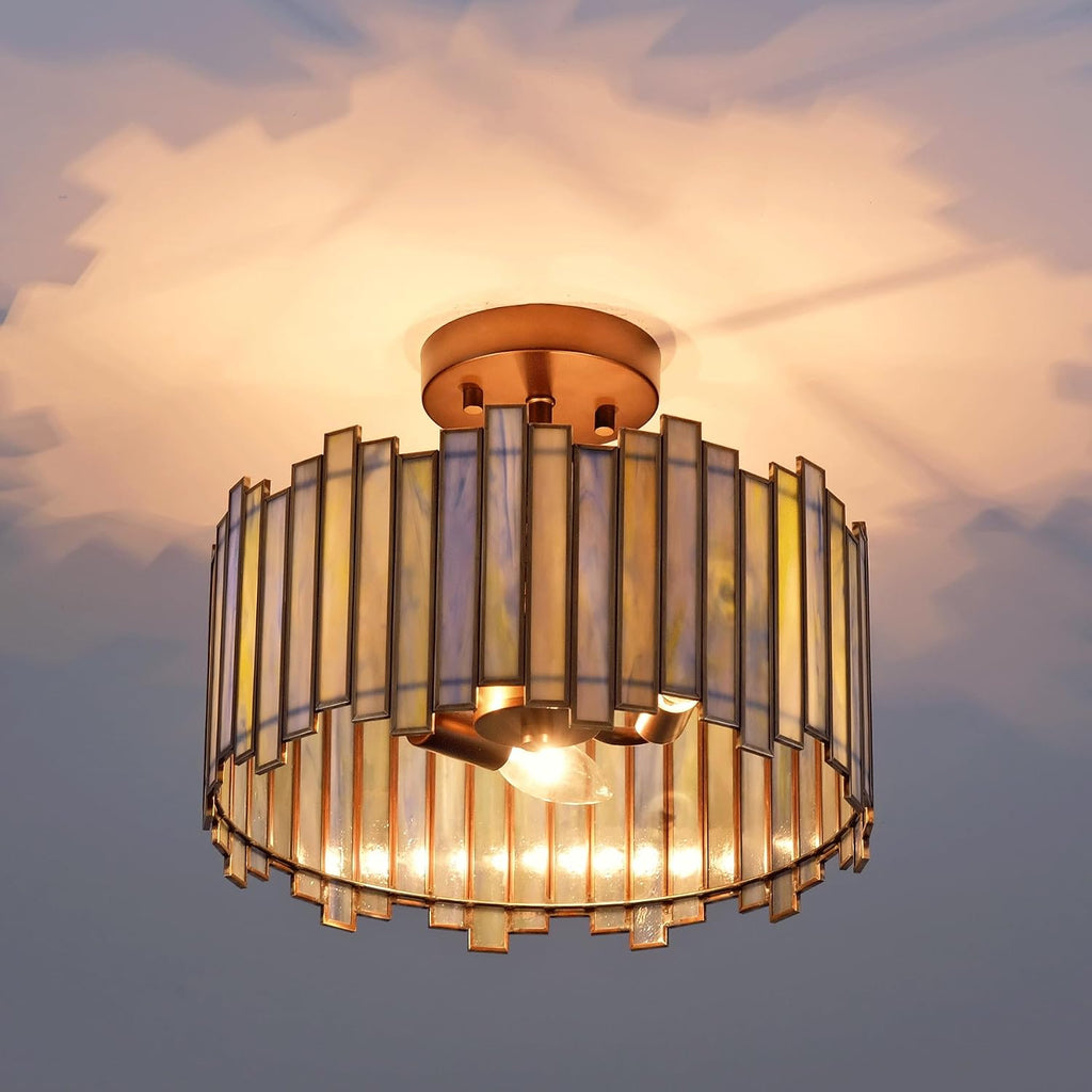 Antique Brass Ceiling Light Fixture in Drum Shape, 12.5' Semi Flush Mount Stained Tiffany Lamp with Aqua Green Glass, 3 Light Round Tiffany Style Lamp for Foyer Hallway Bedroom Kitchen