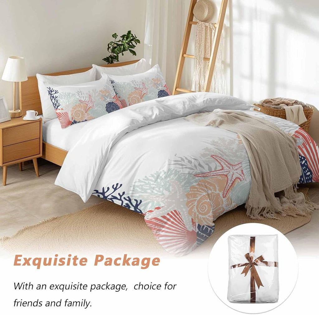 Summer Marine Life Duvet Cover Set Queen Size 4 Pieces Ocean Gray Coral Coastal Starfish Conch Bedding Set with Zipper Closure, 1 Comforter Cover 92x106 Inches 1 Flat Sheet & 2 Pillow Cases
