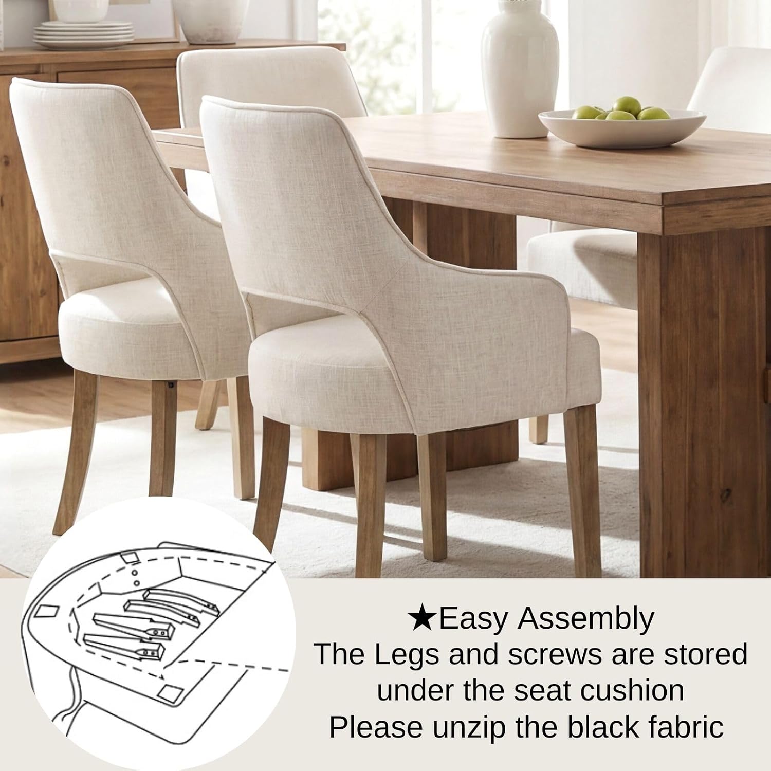 Farmhouse Upholstered Dining Chairs Set of 2, Linen Fabric Dining Room Chairs with Arms, Solid Wood Kitchen Side Chairs for Dining Living Room Bedroom, Upgraded Size, Cream