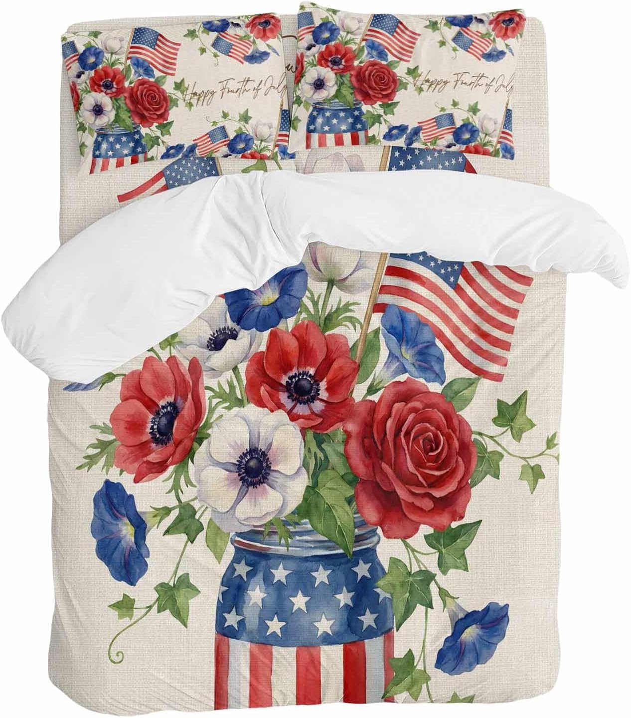 Happy Independence Day Duvet Cover Set Queen Size 4 Pieces U. S. Flag Flowers White Five-Pointed Stars Bedding Set with Zipper Closure, 1 Comforter Cover 92x106 Inches 1 Flat Sheet & 2 Pillow Cases