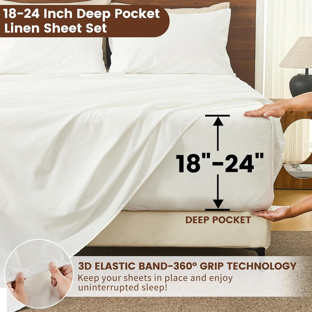 Bedlifes 100% French Linen Sheets Queen Size 18-24'Extra Deep Pocket 4-Piece Set Breathable & Moisture-Wicking,Soft & Durable Sheets for Thick Mattresses(White)