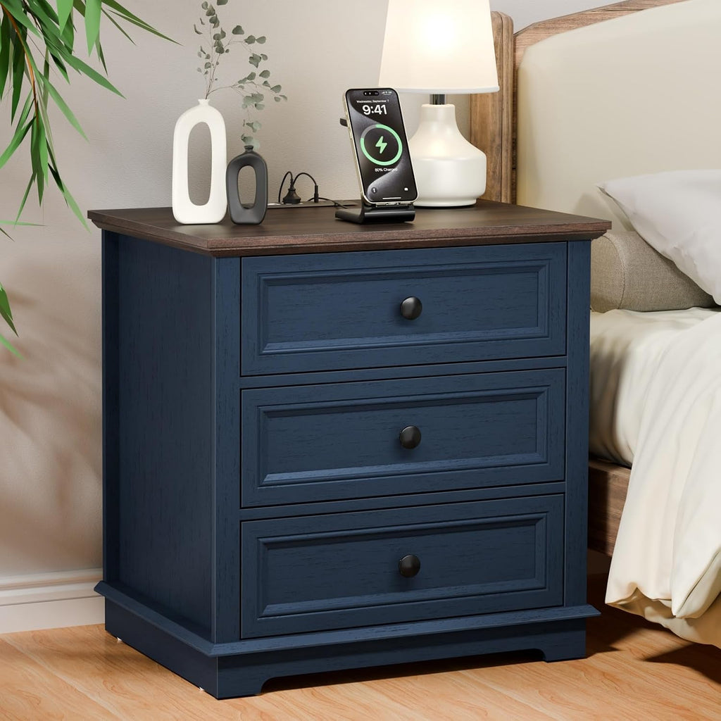 Nightstand with Charging Station Set, 24' Wide End Table with 3 Drawers Set of 2, Modern Bedside Table with Storage, Wood Small Dresser for Bedroom Room (Blue)