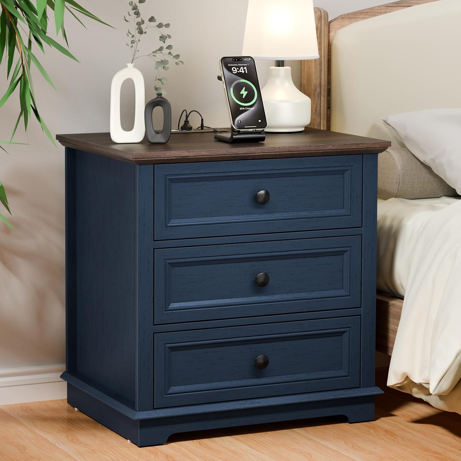 Nightstand with Charging Station Set, 24' Wide End Table with 3 Drawers Set of 2, Modern Bedside Table with Storage, Wood Small Dresser for Bedroom Room (Blue)