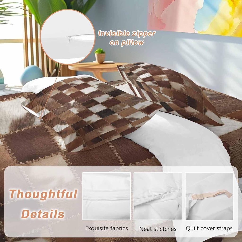 Abstract Plaid Duvet Cover Set Queen Size 4 Pieces Dark Brown Checkerboard Stitching Texture Patchwork Bedding Set with Zipper Closure, 1 Comforter Cover 90x92 Inches 1 Flat Sheet & 2 Pillow Cases