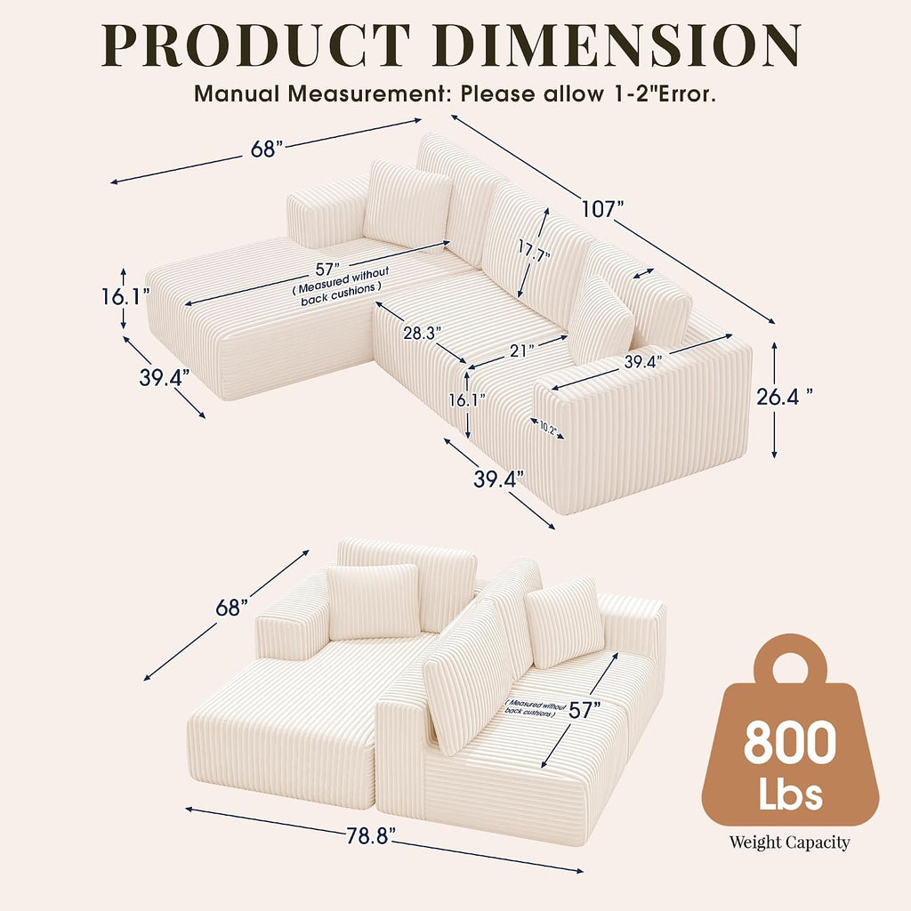 GRUSIGN 107'' Cloud Sectional Boneless Couches for Living Room, Modular L Shaped Couch with Deep Seat Oversized Left Facing Chaise, Memory Foam Compressed Spineless 3 Seater Sofa, Wide-Striped Beige