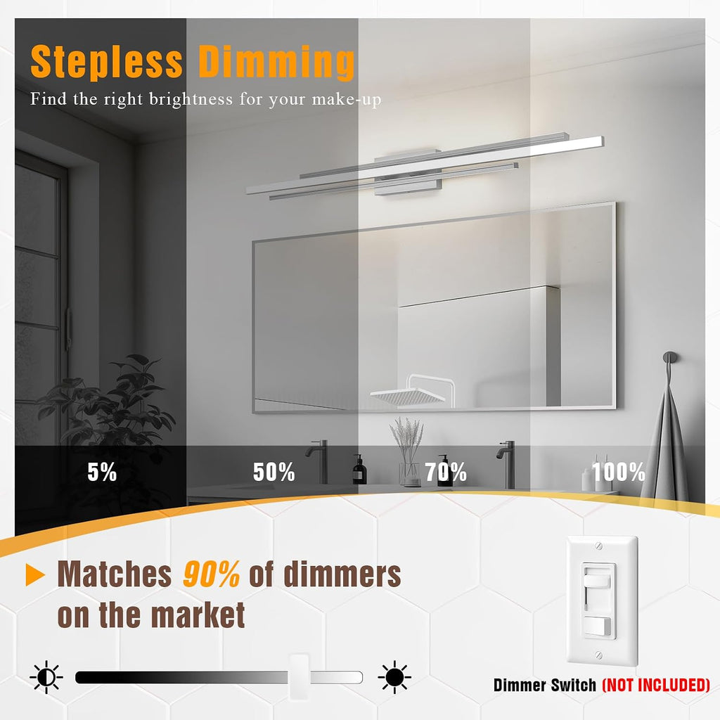 VitaLink 48 Inches Long Nickel LED Modern Bathroom Vanity Light Fixtures 25W Dimmable 5CCT Vanity Light Bar Over Mirror 3-Light Wall Light for Bathroom Over Mirror Picture Light