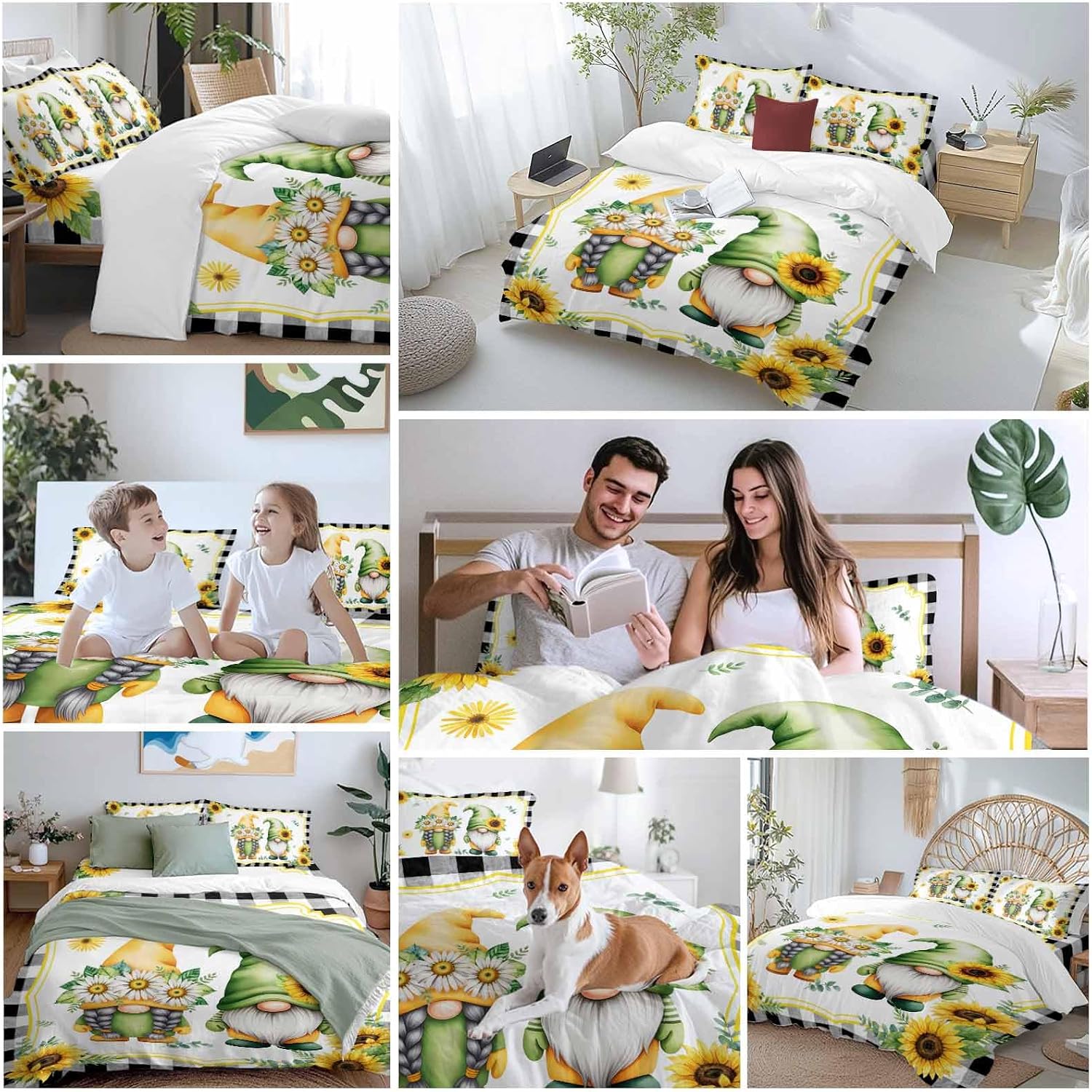 Prime Leader Summer Dwarfs Duvet Cover Set Queen Size 4 Pieces Yellow Sunflower Daisy Black Plaid Field Bedding Set with Zipper Closure, 1 Comforter Cover 92x106 Inches 1 Flat Sheet & 2 Pillow Cases
