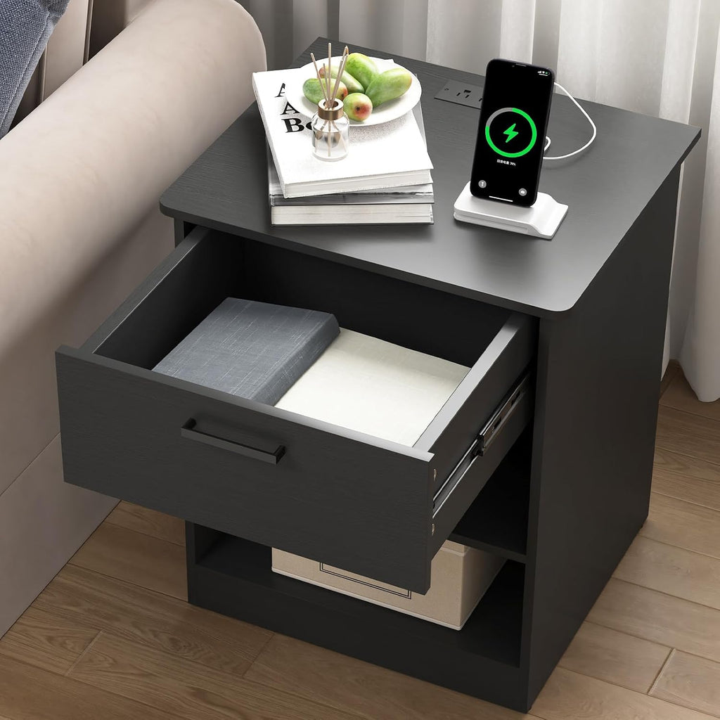 Spaco Black Nightstand Set of 2 with Charging Station,Modern Night Stand Set with 2 Drawers and Open Shelf,Bedside Tables with Storage for Bedroom, End Side Tables for Living Room