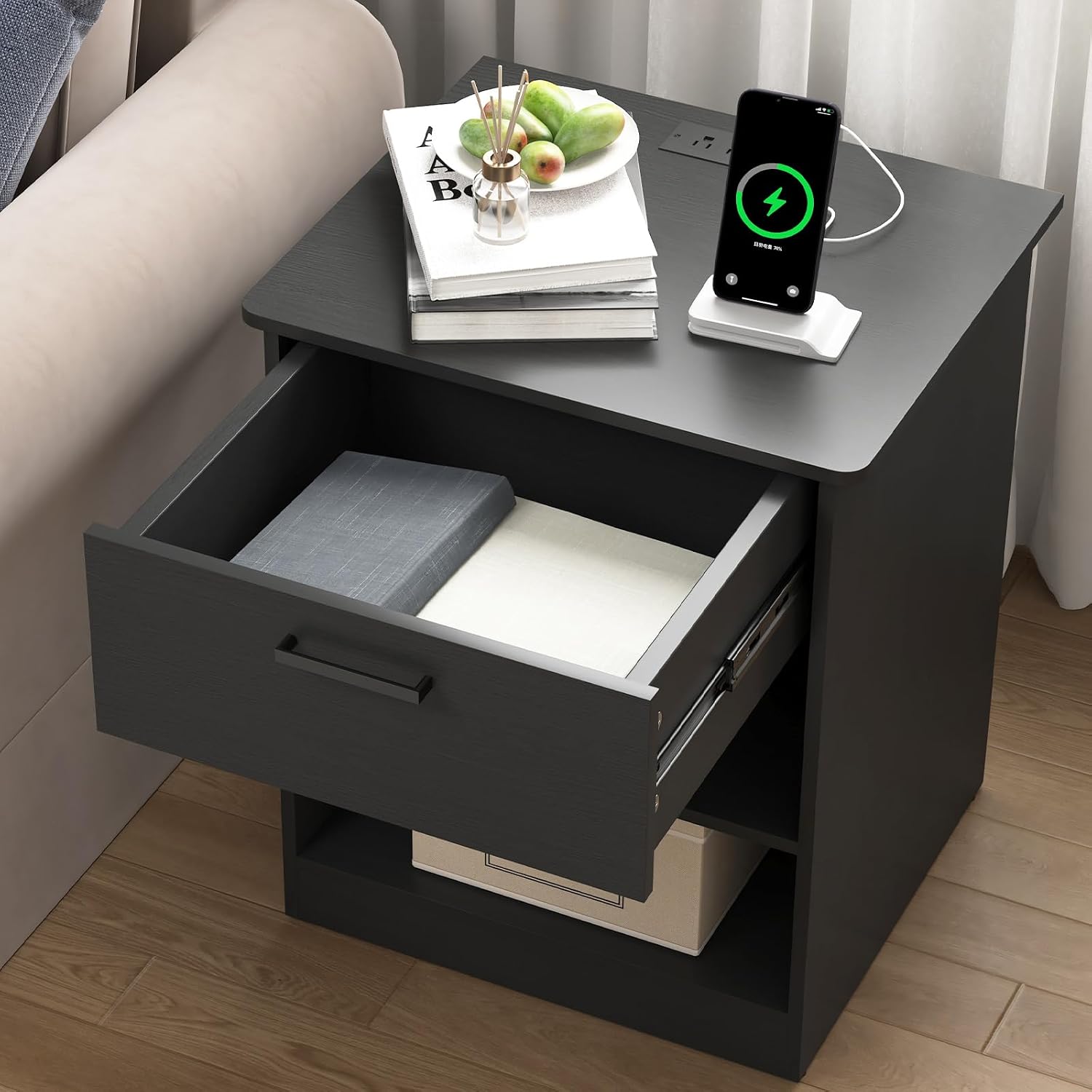 Spaco Black Nightstand Set of 2 with Charging Station,Modern Night Stand Set with 2 Drawers and Open Shelf,Bedside Tables with Storage for Bedroom, End Side Tables for Living Room