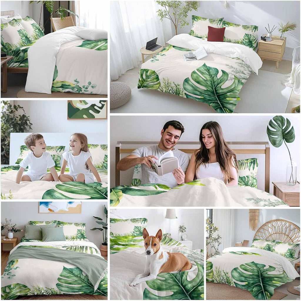 Tropical Leaf Duvet Cover Set Queen Size 4 Pieces Palms Monstera Leaves Green Plant Botanical Bedding Set with Zipper Closure, 1 Comforter Cover 92x106 Inches 1 Flat Sheet & 2 Pillow Cases