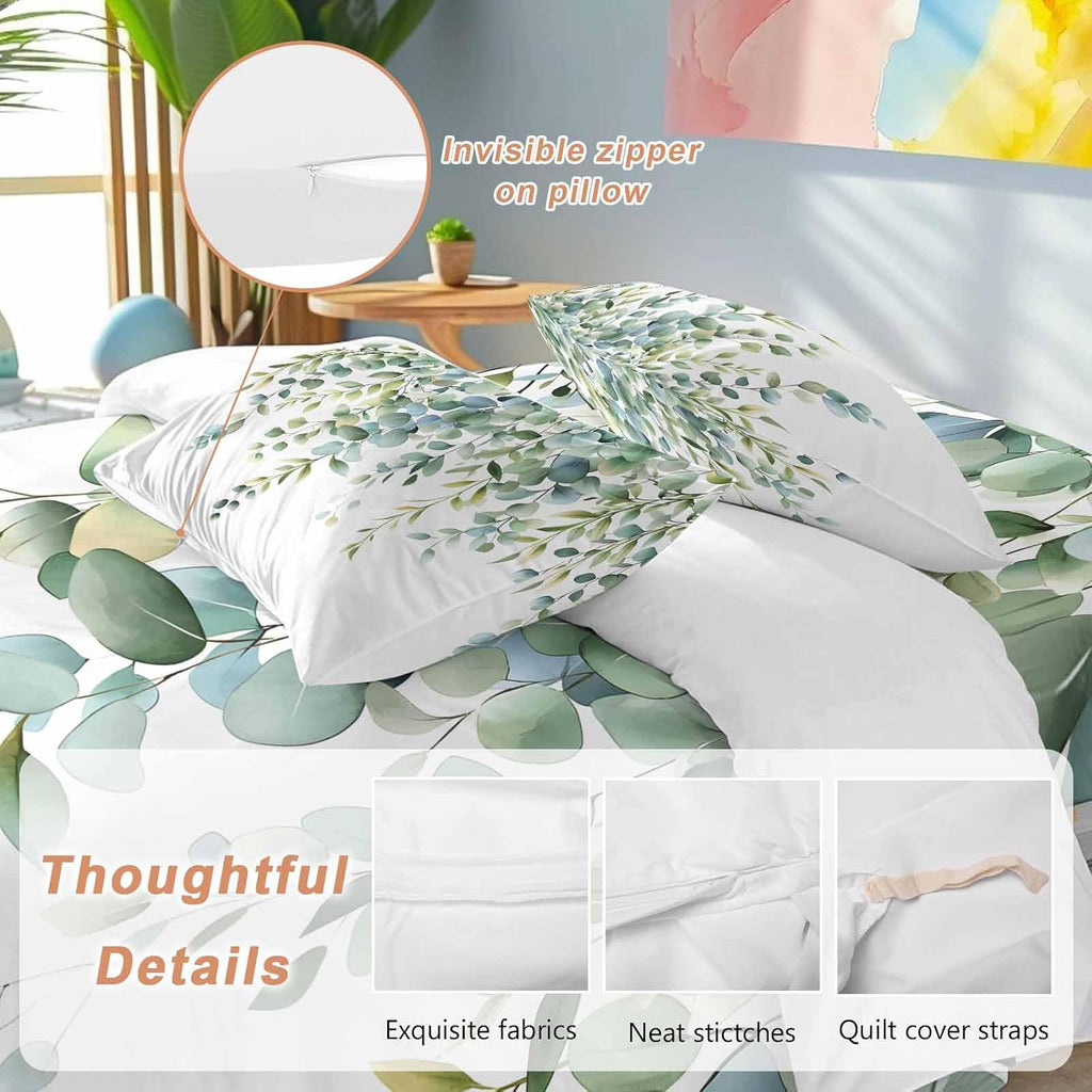 Prime Leader Green Leaves Duvet Cover Set Queen Size 4 Pieces Eucalyptus Leaf Watercolor Plant Botanical Bedding Set with Zipper Closure, 1 Comforter Cover 92x106 Inches 1 Flat Sheet & 2 Pillow Cases
