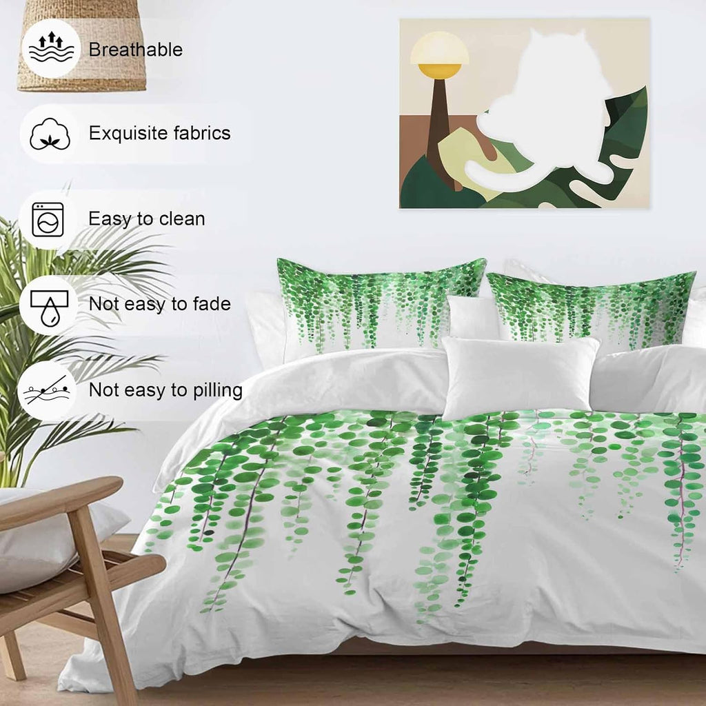 Prime Leader Green Eucalyptus Leaves Duvet Cover Set Queen Size 4 Pieces Summer Watercolor Plants Bedding Set with Zipper Closure, 1 Comforter Cover 92x106 Inches 1 Flat Sheet & 2 Pillow Cases