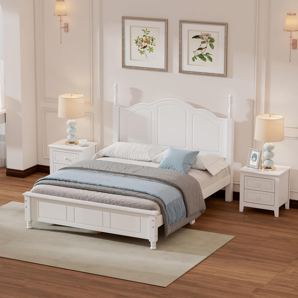 Rustic Farmhouse Bedroom Set with Elegant Curved Headboard, Sturdy Wooden Bed Frame and 2 Nightstands - Classic Country Style Furniture for Master Bedroom,Guest Room (White,Full Bed+2 Nightstands)